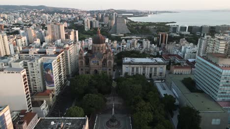 Aerial-of-the-Metropolitan-Cathedral-of-Our-Lady-Mother-of-God-in-the-city-of-Porto-Alegre,-Brazil