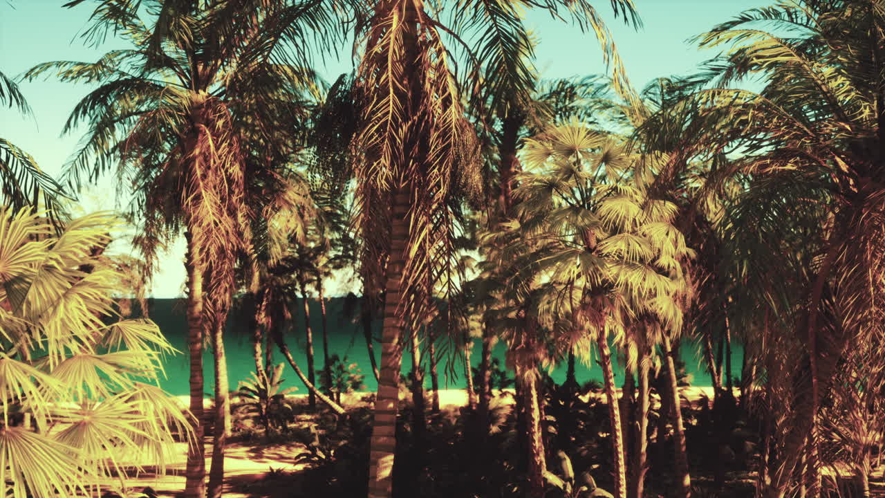 una playa con palmeras y el océano en el fondo