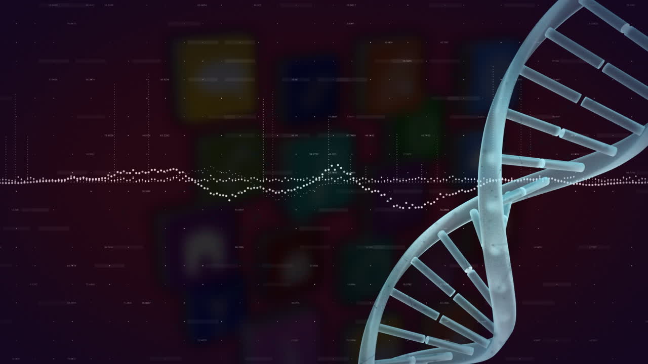 animación del procesamiento de datos y la cadena de adn en fondo negro