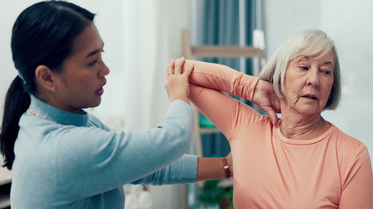 Physiotherapy, senior or woman stretching elbow to