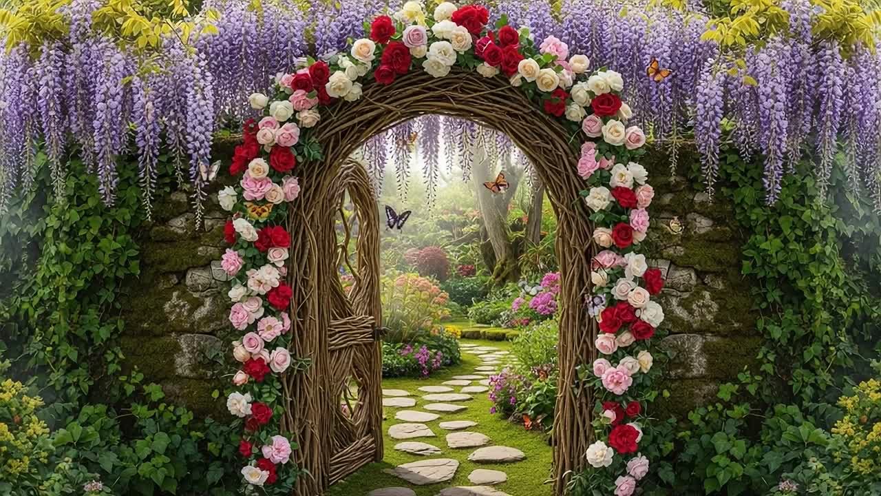 Een Serene Tuiningang Omlijst door Levendige Bloemen en Weelderig Groen, die Bezoekers Uitnodigt om een Rustig Pad te Verkennen, Omringd door de Schoonheid van de Natuur