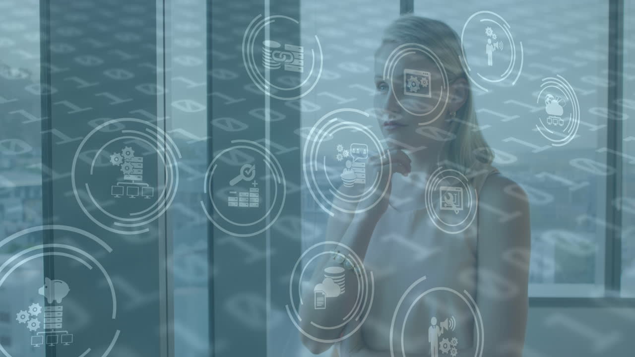 animación del procesamiento de datos financieros sobre el pensamiento de las mujeres de negocios caucásicas