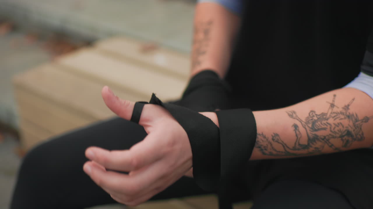 Tätowierter, kaukasischer Athlet wickelt Handschlaufe auf einer Holzbank im Freien um seine Hand, wobei seine Finger bewusst ein schwarzes Band einfädeln, Nahaufnahme des tätowierten Unterarms und der Knöchel, Aufwärmroutine vor dem Sparring, intensive Aufnahme