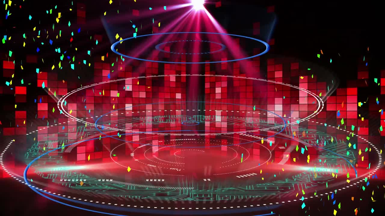 여러 개의 둥근 스캐너와 콘페티가  ⁇ 은 모자이크 사각형 위의 빛의 반점에 떨어집니다.