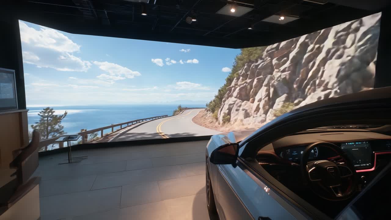 An immersive automotive experience featuring a modern car interior set against a breathtaking coastal road scenery, showcasing a virtual driving environment with panoramic views of nature and technology