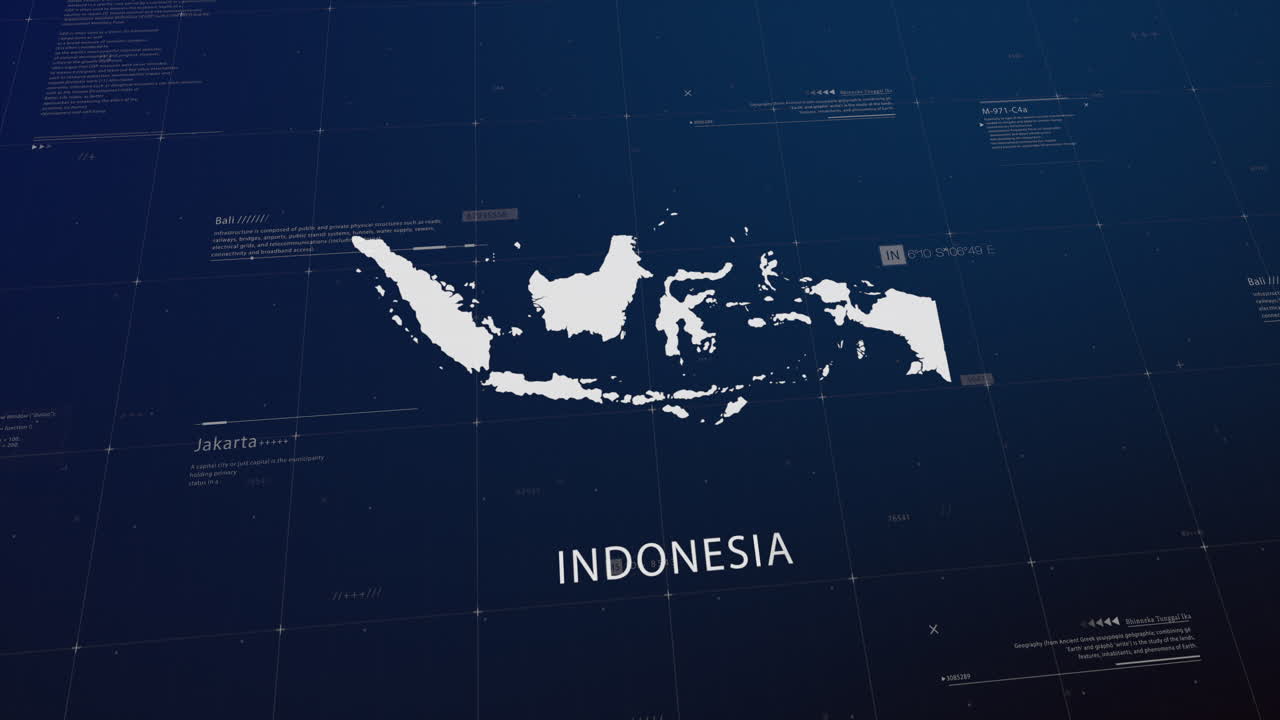 Indonesia country map comes to life with cinematic panning, unveiling key details, the capital, and slogan, providing an engaging background for corporate and commercial use