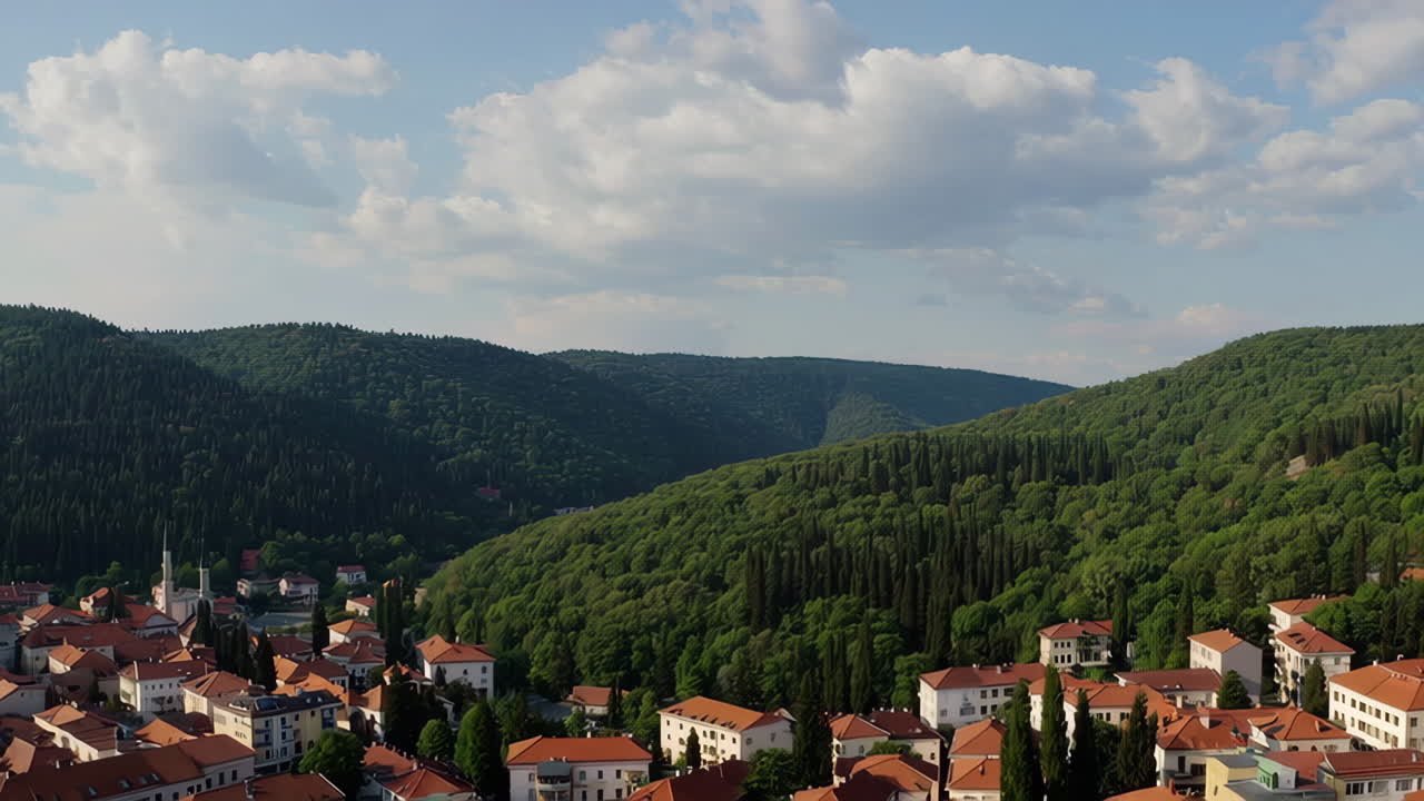 Aerial view of a town nestled in a valley surrounded by mountains and forest