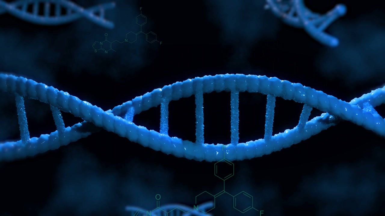 On start central blue DNA helix rotating and shifting while green formulas fading showing molecules