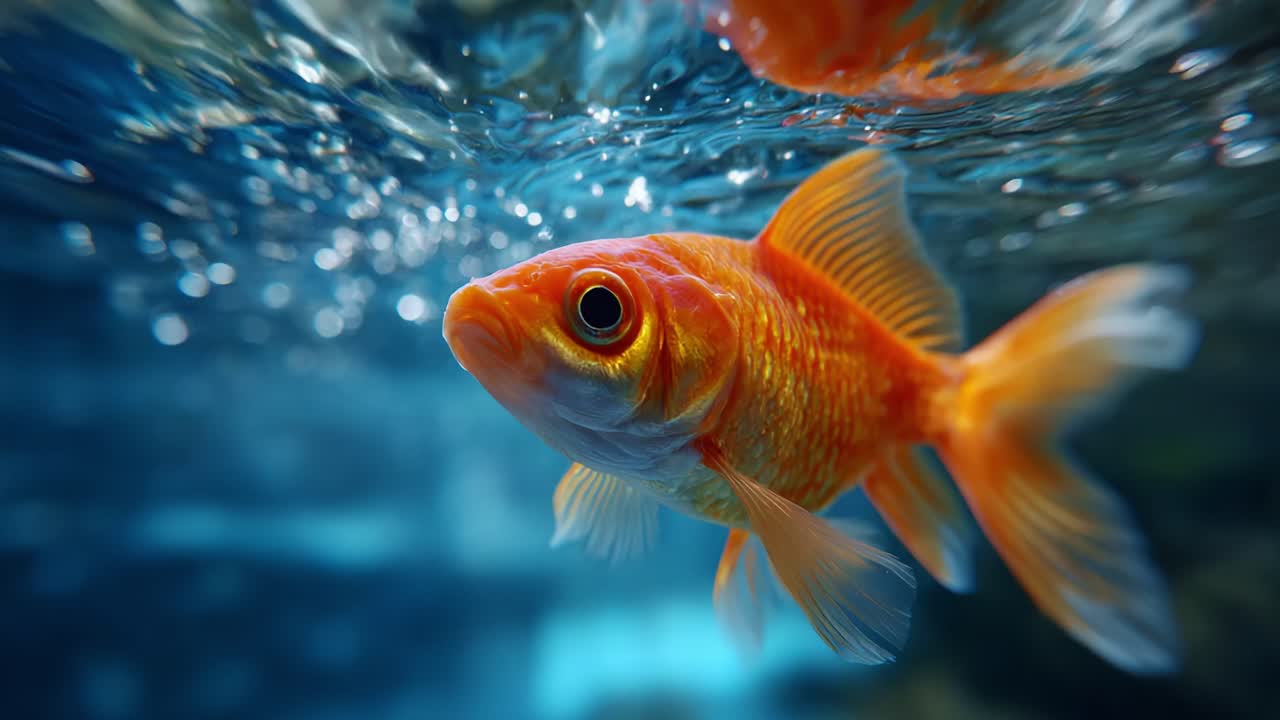 Immagini accattivanti di un pesce dorato che scivola con grazia sott'acqua, mettendo in mostra i suoi colori vivaci e le intricate trame delle pinne sulla superficie scintillante