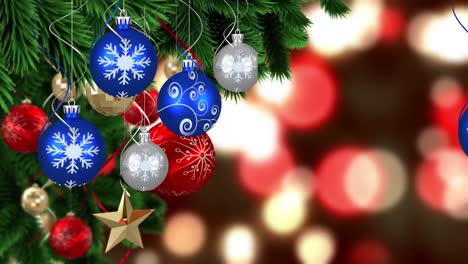 Animation-of-snow-falling-over-christmas-tree-and-decoration