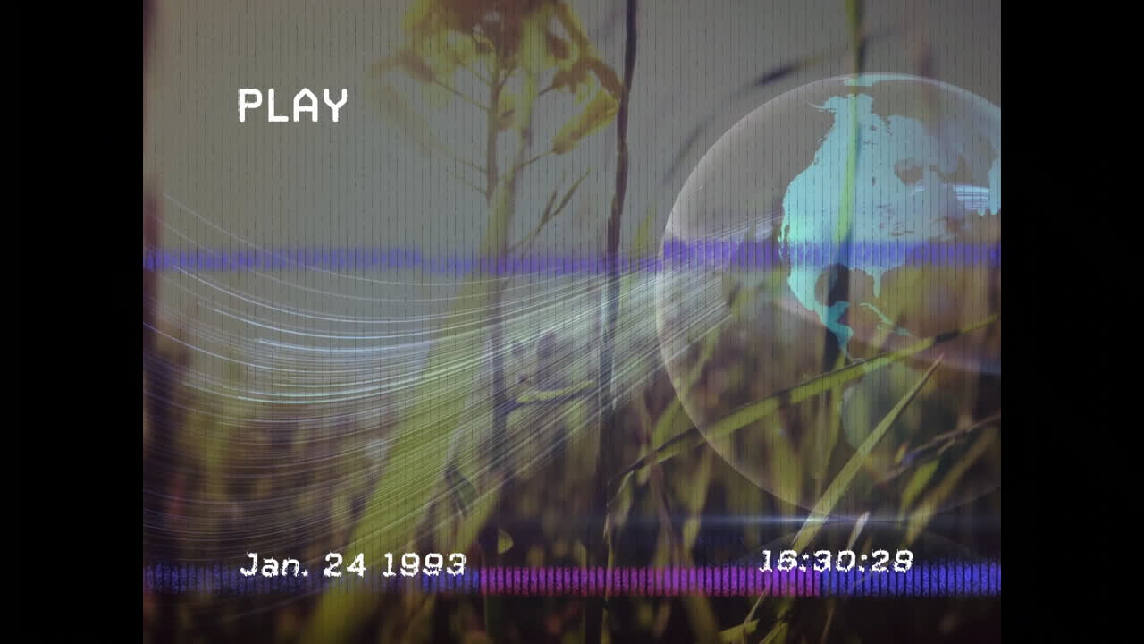 Globe and data lines animation over vintage video playback with date and time