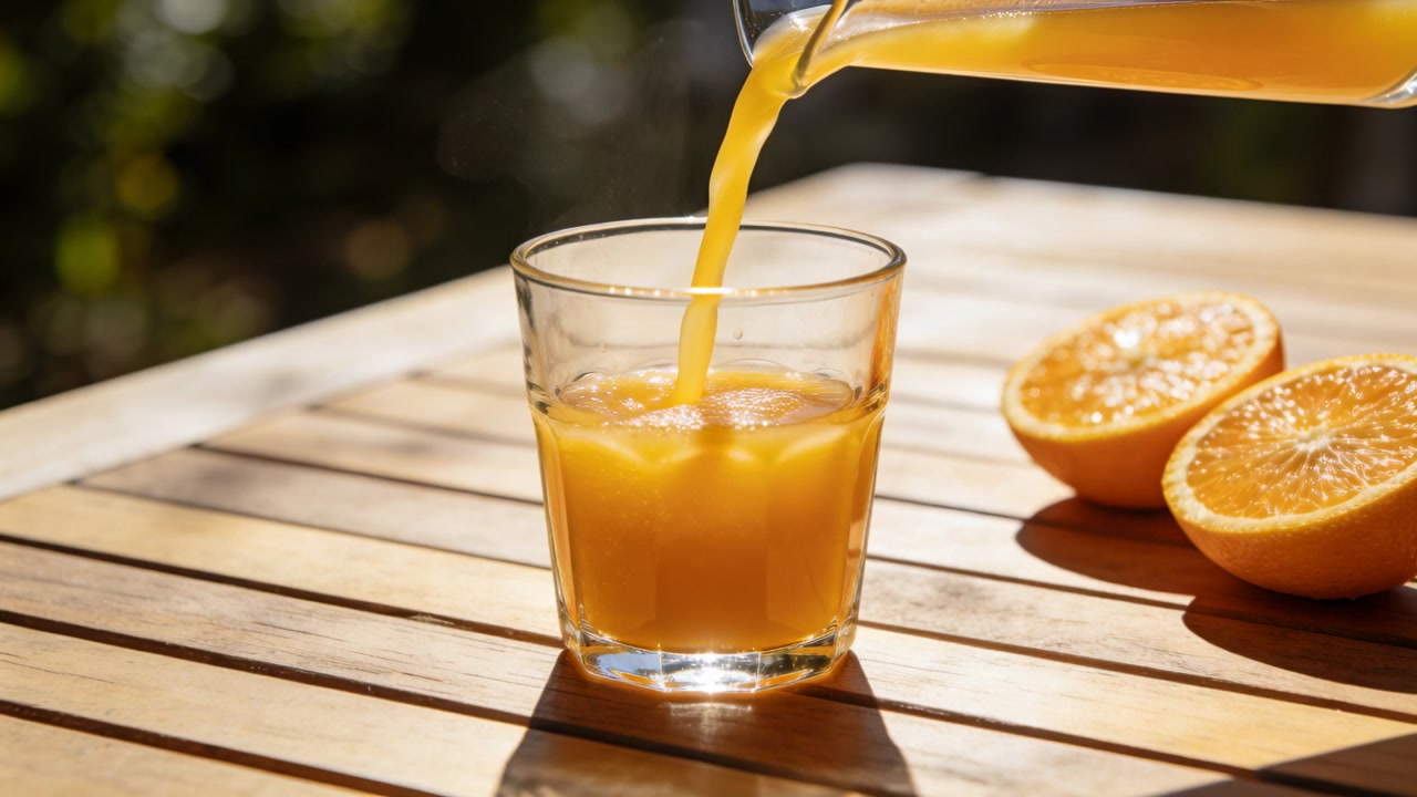 Jug coming right filling clear glass with juice on table, orange halves in sunlight casting shadows