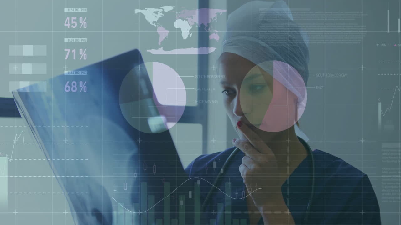 animación del procesamiento de datos sobre una doctora caucásica