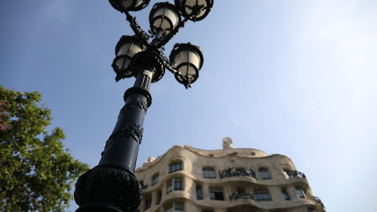 Barcelona classic streetlight, lamppost with subtile camera movement