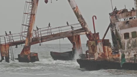 Pan of rusty Zeila shipwreck along Skeleton Coast of Namibia with birds perching