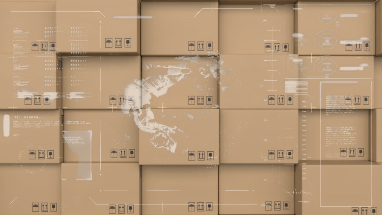 interfaz digital con procesamiento de datos contra la pila de cajas de entrega en el fondo