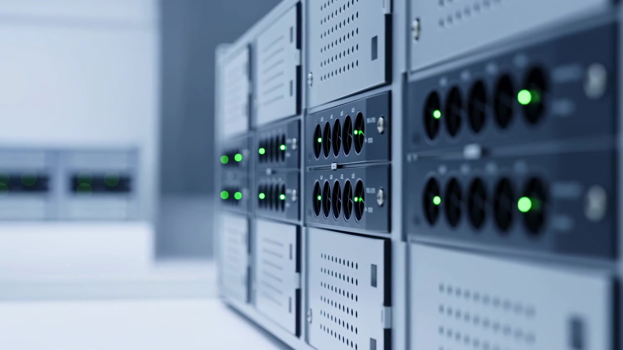 Moving view along server rack aisle with green status lights, perforated metal panels, cool lighting, blurred rows inside modern data center interior with strong depth