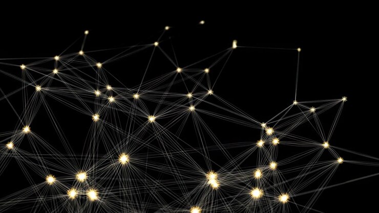 Rete astratta a strati di nodi luminosi con centri dorati brillanti, aloni tenui e delicate linee traslucide si estende nella metà inferiore, lasciando uno spazio negativo nero profondo sopra, con rete, nodo