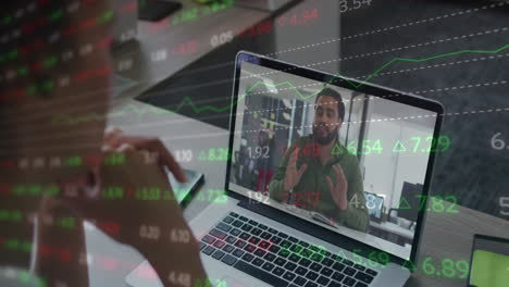 animación del procesamiento de datos financieros sobre diversas personas de negocios que tienen una videollamada