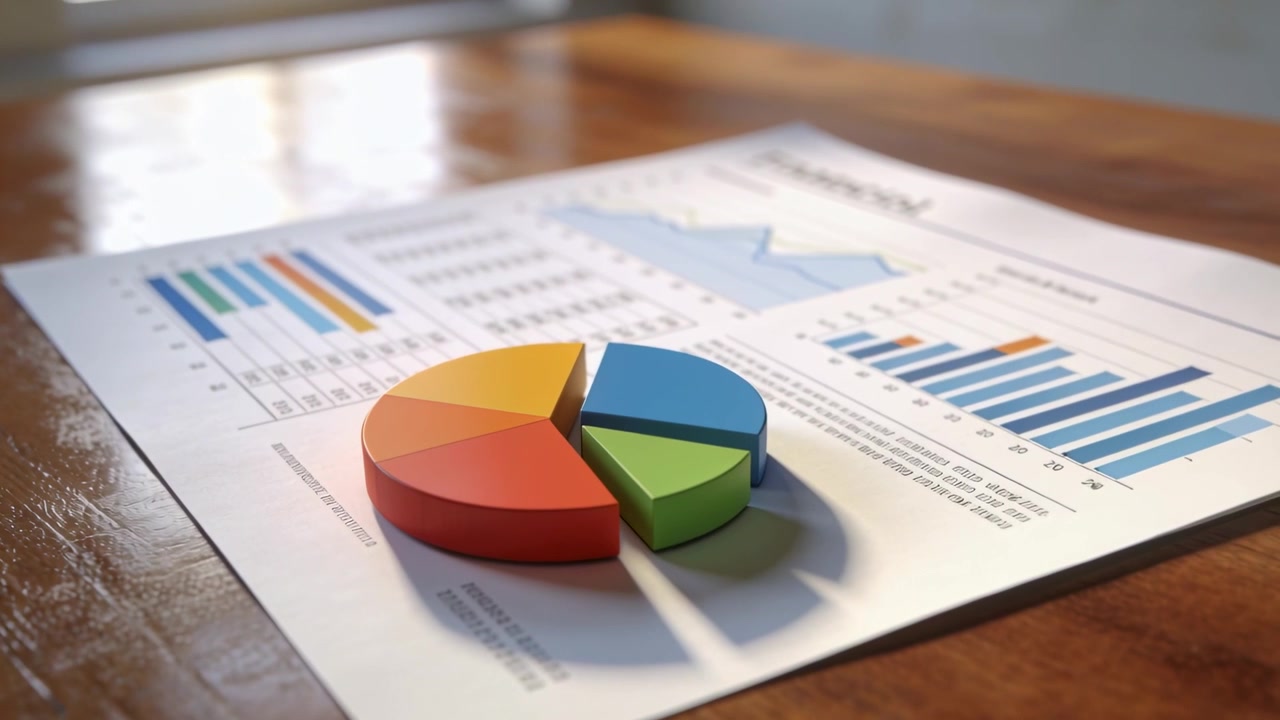 Moving camera bringing 3D pie chart into focus on printed report on wooden table, highlighting data