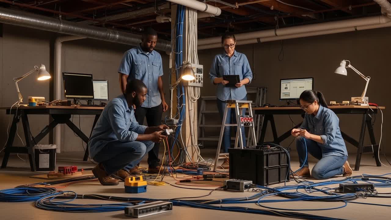 A Collaborative Team Engaged in Hands-On Electrical Engineering Activities in a Modern Workshop Environment, Focusing on Technology and Technical Skills Development