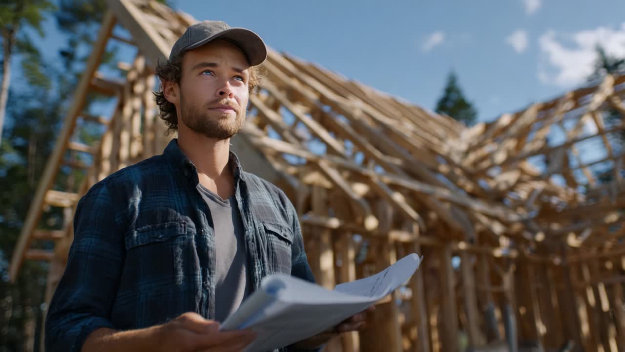A diligent construction worker examines blueprints at a building site, showcasing his commitment to a wooden structure's design process in a picturesque forest setting