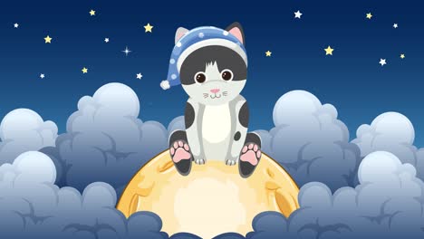 animated cat on a moon journey through clouds and stars