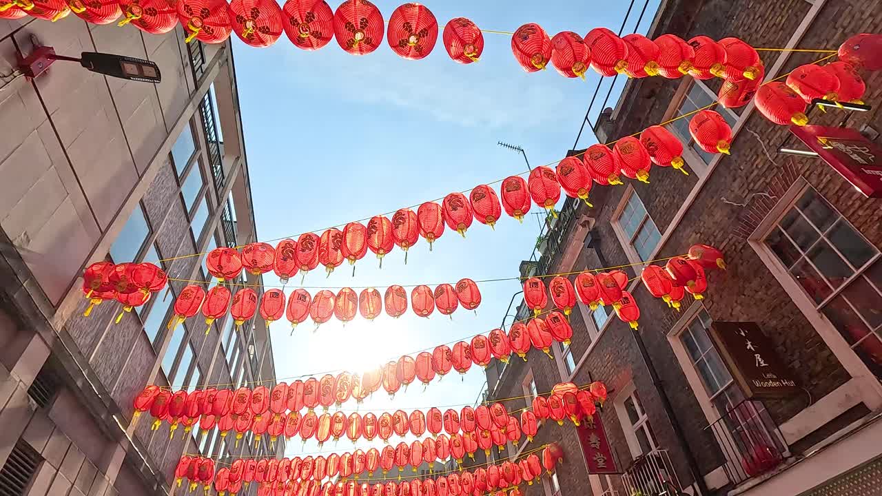 Red lanterns hanging between buildings in London
