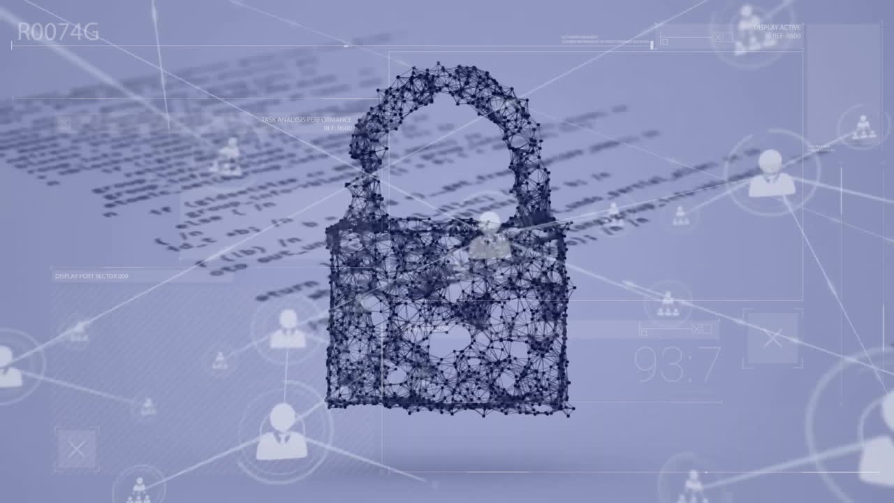 회색 배경의 데이터 처리에 대한 네트워크 및 락 아이콘의 애니메이션