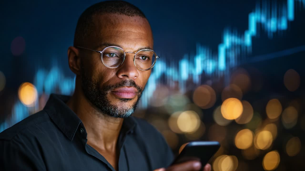 A focused individual analyzing market trends on a smartphone, with glimmers of a financial graph displayed in the background, showcasing the blend of technology and finance in the modern world