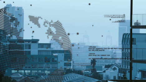 world map and coding animation over cityscape with buildings and cranes