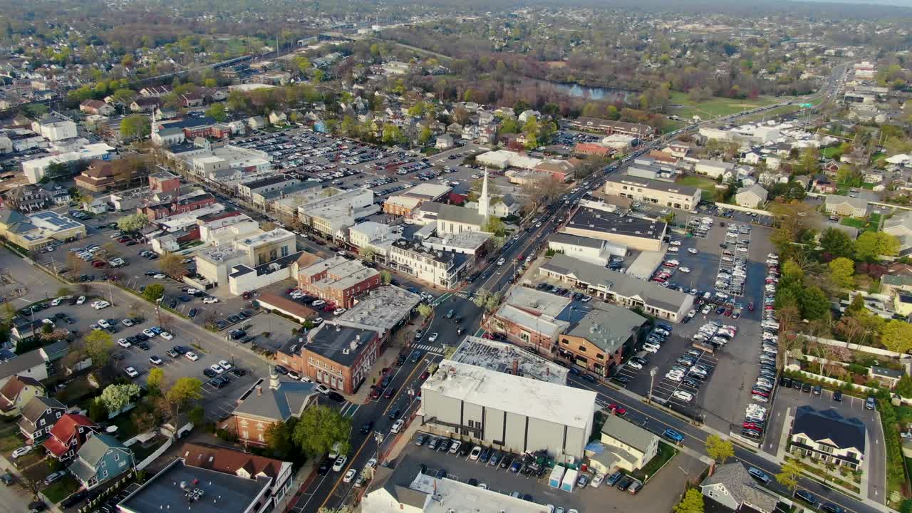 Downtown of Babylon township in America, aerial drone view