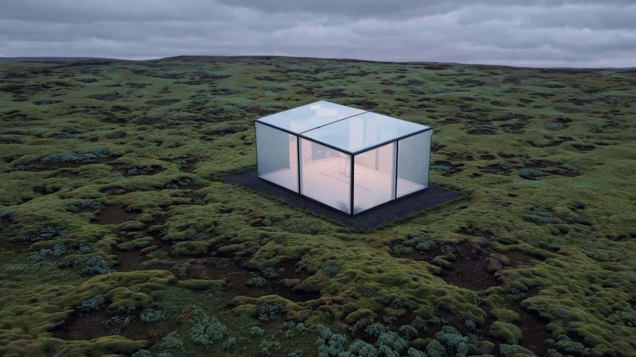 Illuminated glass house stands on a vast moss covered Icelandic landscape, emanating a warm glow against the twilight sky, creating a striking contrast between nature and modern architecture