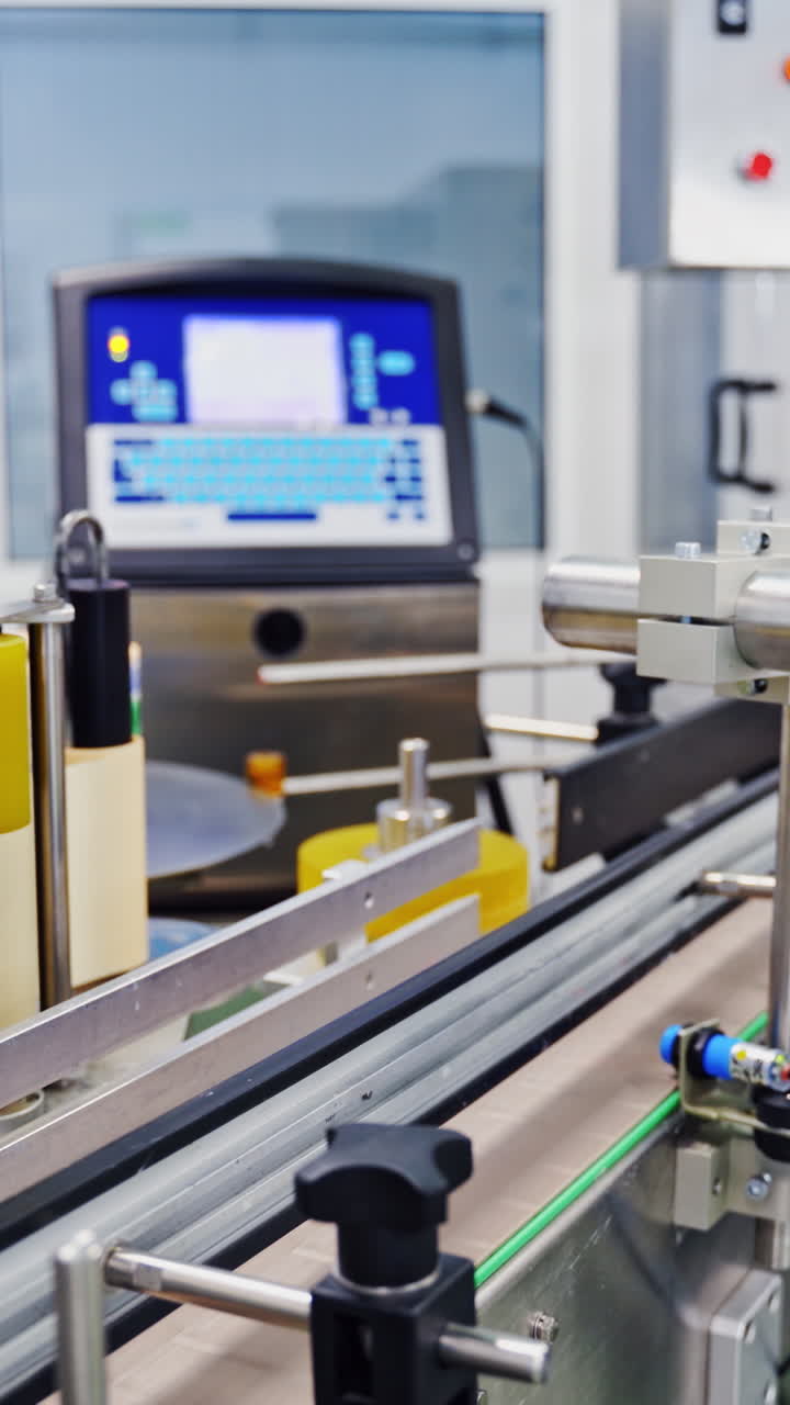 Conveyor with milk bottles. Blue covers on plastic bottles with milk inside at factory Vertical video