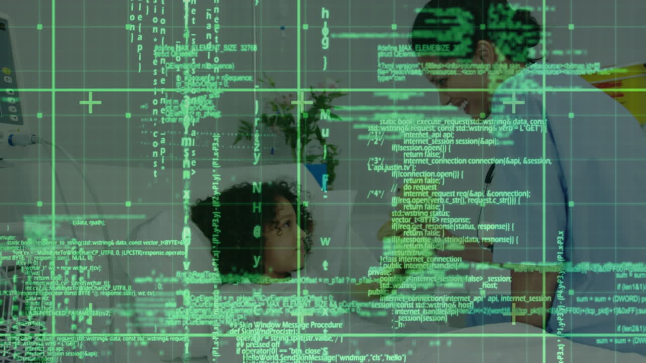animação de processamento de dados sobre uma médica biracial a cuidar de uma criança paciente