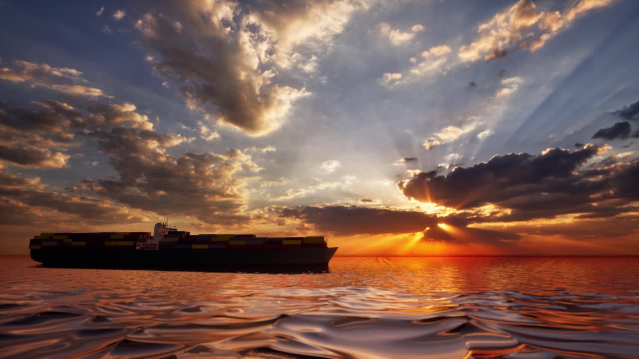 Loaded Container Cargo Ship Sailing Over Calm Sea Into The Sunset