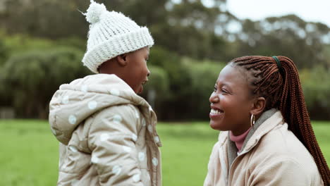 talking, love and mom and child in park