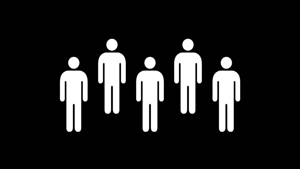 5개의 인간 아이콘이 있는 검정색 배경에 1,5미터의 사회적 거리 애니메이션 루프