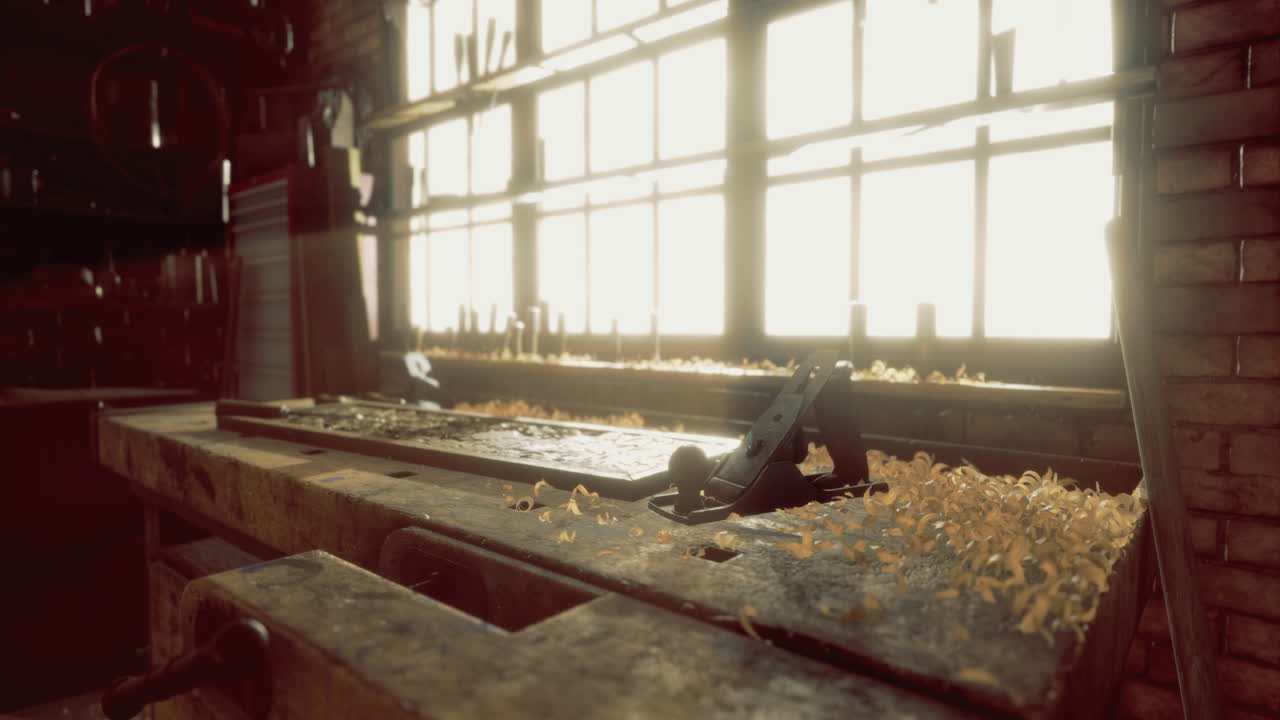 Woodworking workshop illuminated by natural light with tools and shavings