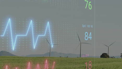 wind turbines in field with digital health data overlay animation