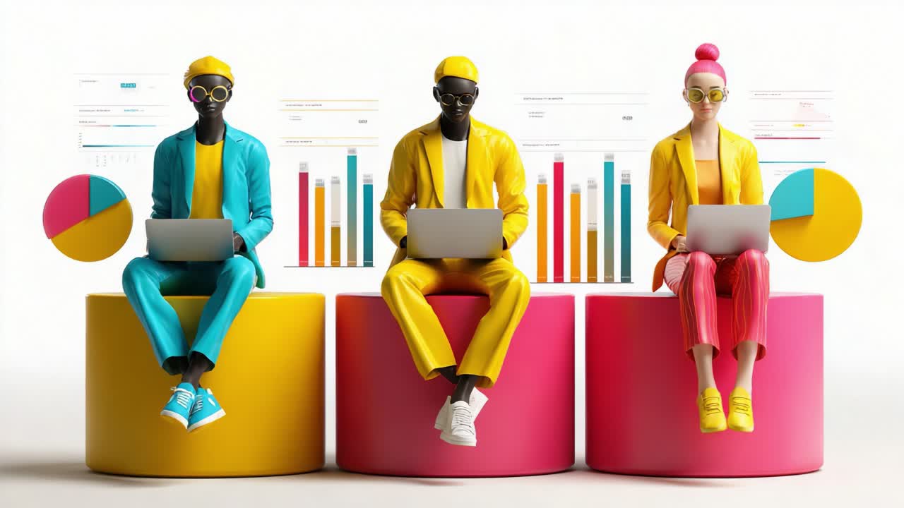 A vibrant trio of diverse individuals engaged in data analysis, showcasing modern technology with laptops and colorful clothing against a minimalist backdrop of graphs and charts