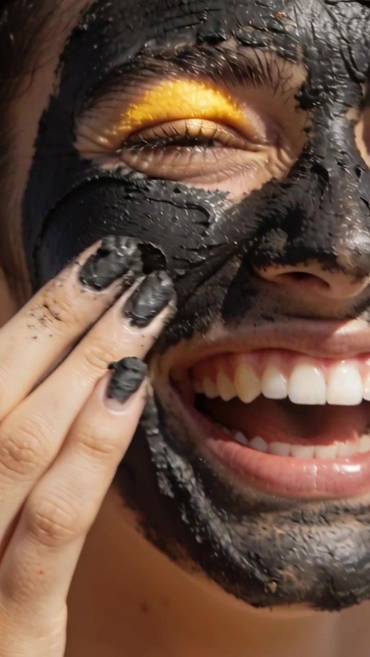 Vídeo vertical: Mulher sorrindo aplicando máscara de carvão no rosto iluminado pelo sol, com pálpebras douradas e unhas pretas.