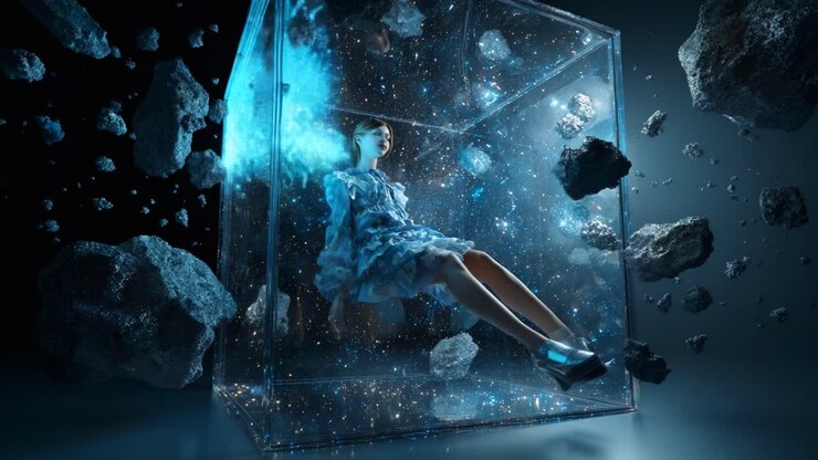 Donna in un cubo spaziale surreale