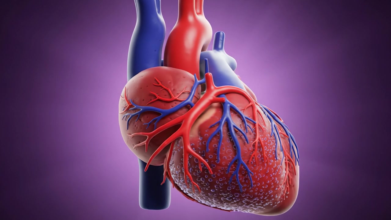 Modelli anatomici del cuore che mostrano intricate strutture vascolari e connessioni fisiologiche in una vibrante visualizzazione 3D.