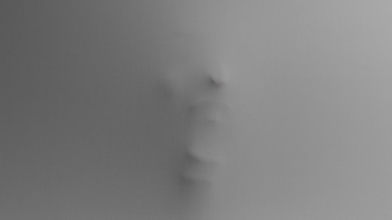A creepy silhouette of a woman's face appears screaming from the white surface