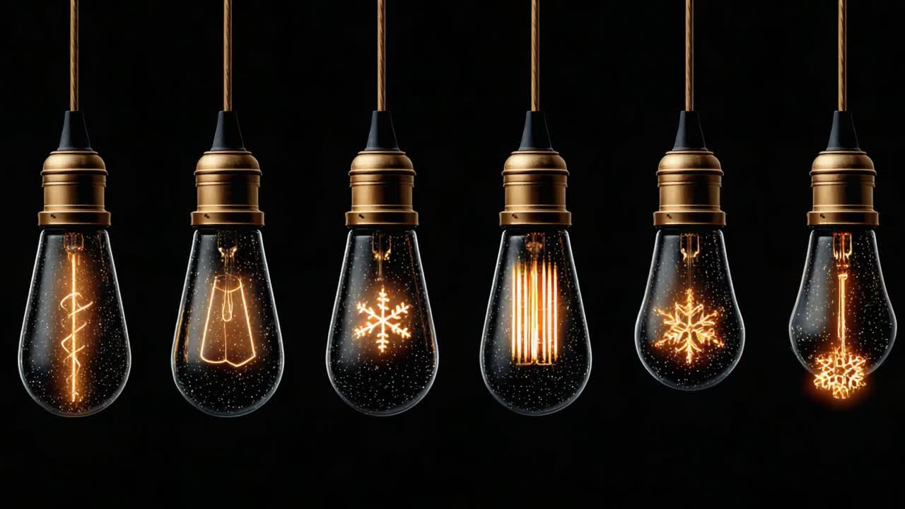 A Captivating Display of Decorative Light Bulbs Showcasing a Variety of Unique Patterns and Luminous Elements Against a Dark Background