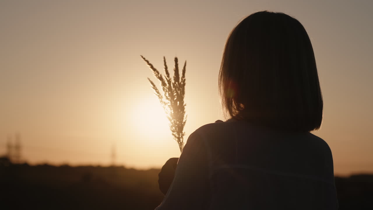 mujer se para al atardecer en un campo de hierba