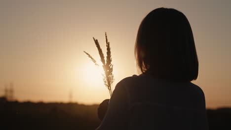 woman stands at sunset in a field of grass