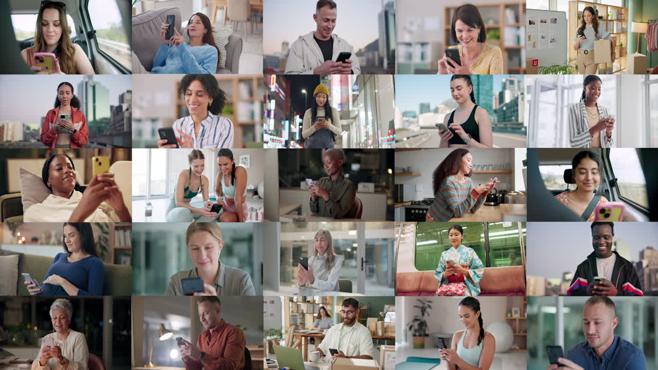 personas que utilizan teléfonos inteligentes en varios entornos