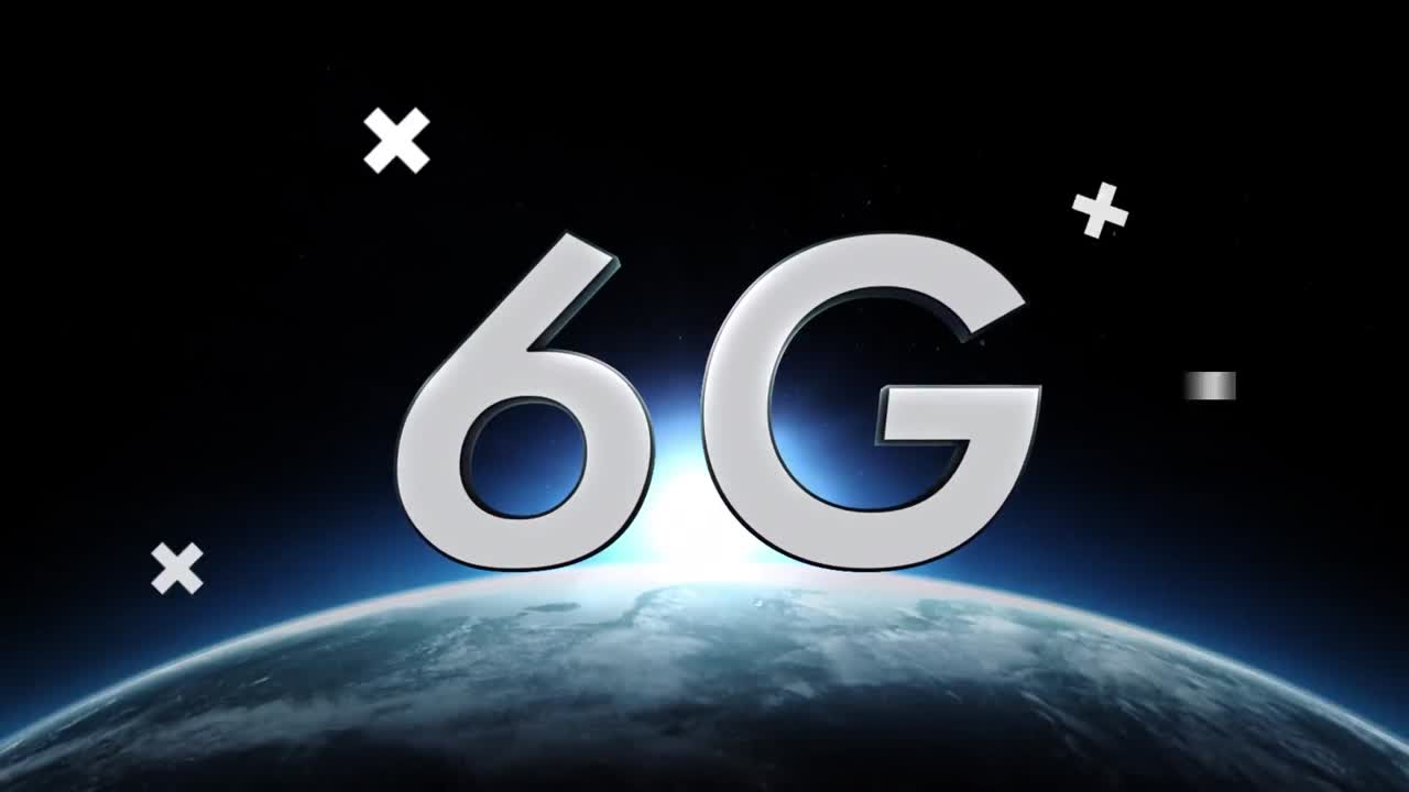 animación de 6g, diversas formas, glitch y el sol saliendo sobre el globo girando en el espacio